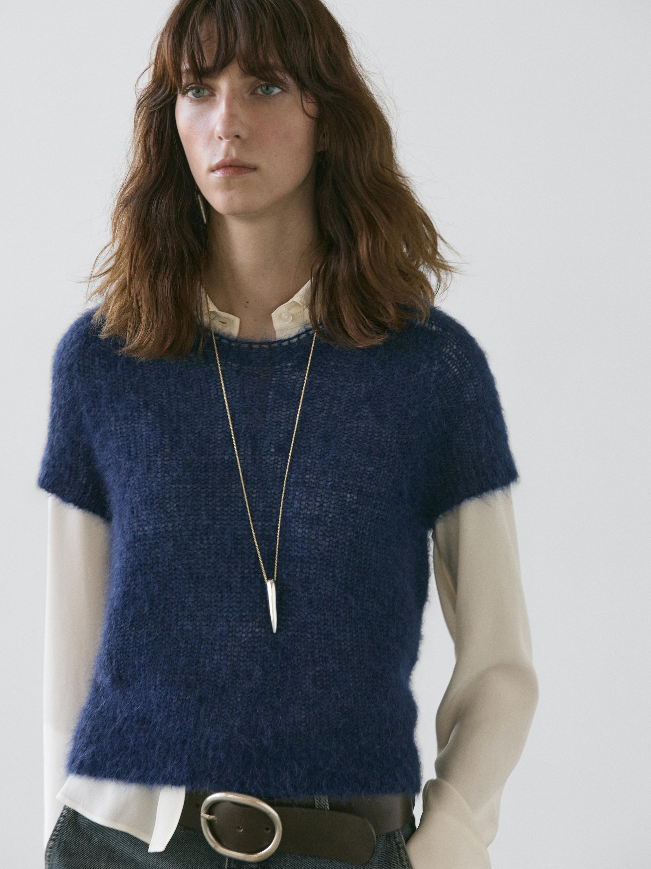 Short sleeve knit alpaca blend sweater
